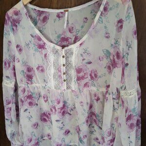 FREE PEOPLE Floral Cream  Pink Roses Lace  Long Sleeve Top Bohemian M